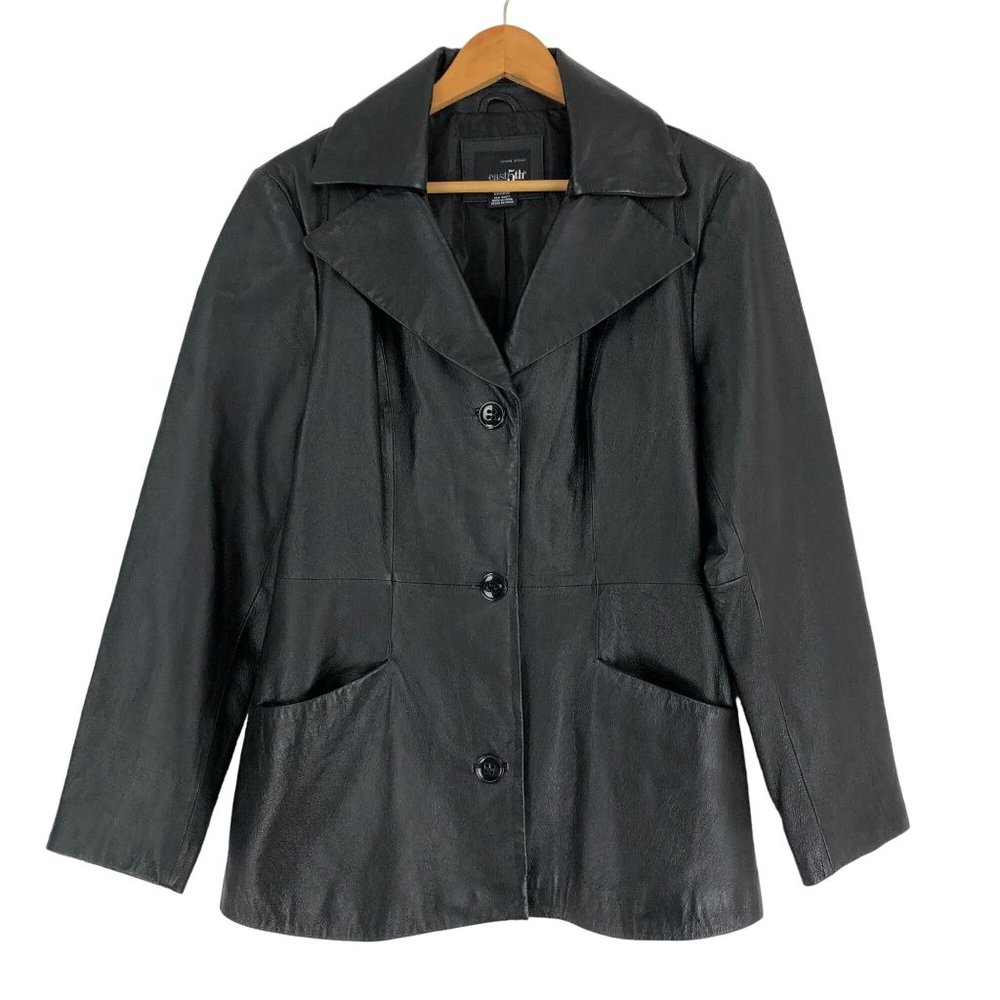 East 5th Women's Size Large Black Genuine Leather Jacket Button Front Collared
